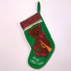 Vintage Dakin 1984 Beary Christmas Stocking Teddy Bear Green with Red Plaid Trim